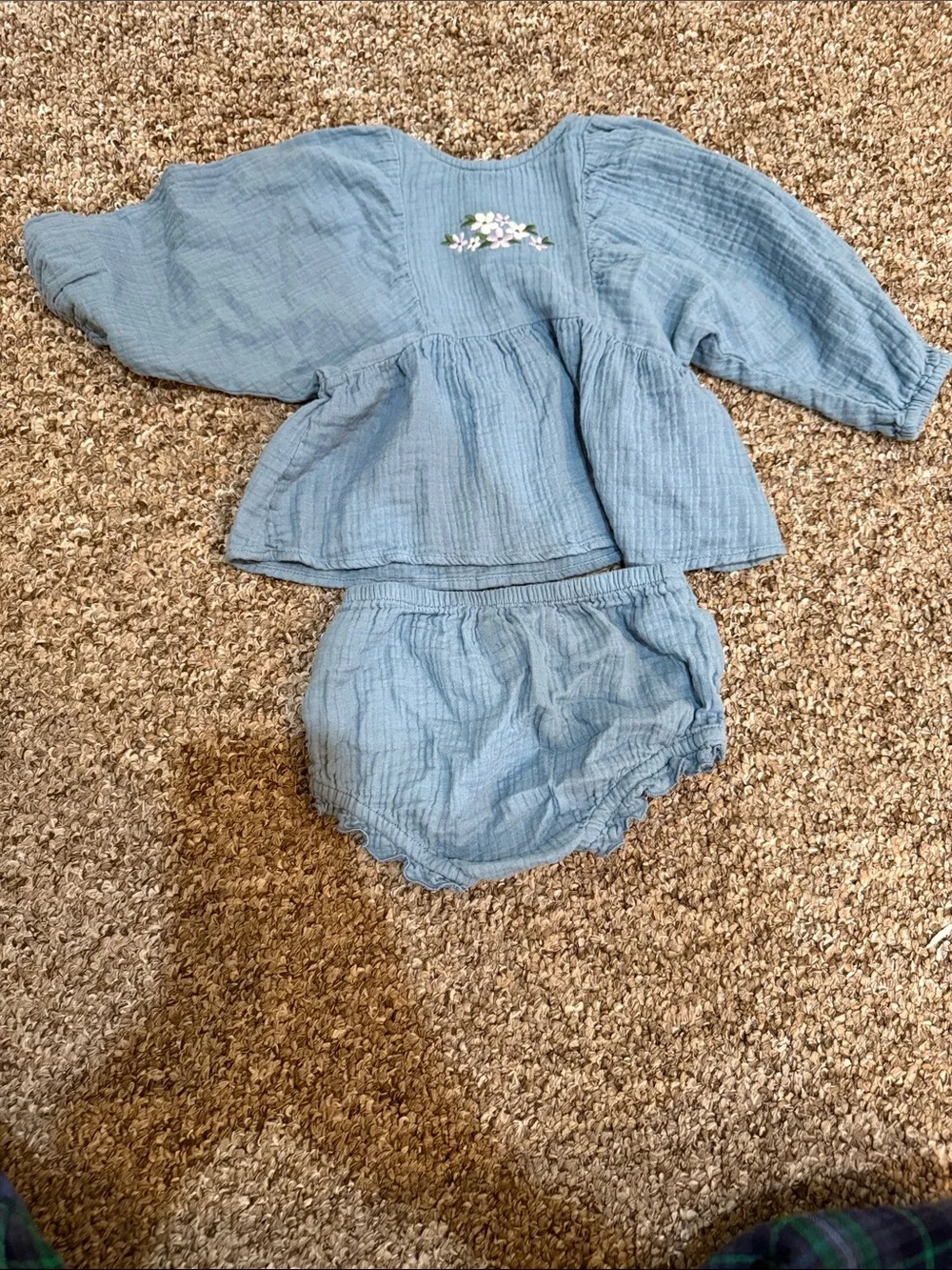cloud island Light Blue Gauze Top & Diaper Cover Set with Floral Embroidery